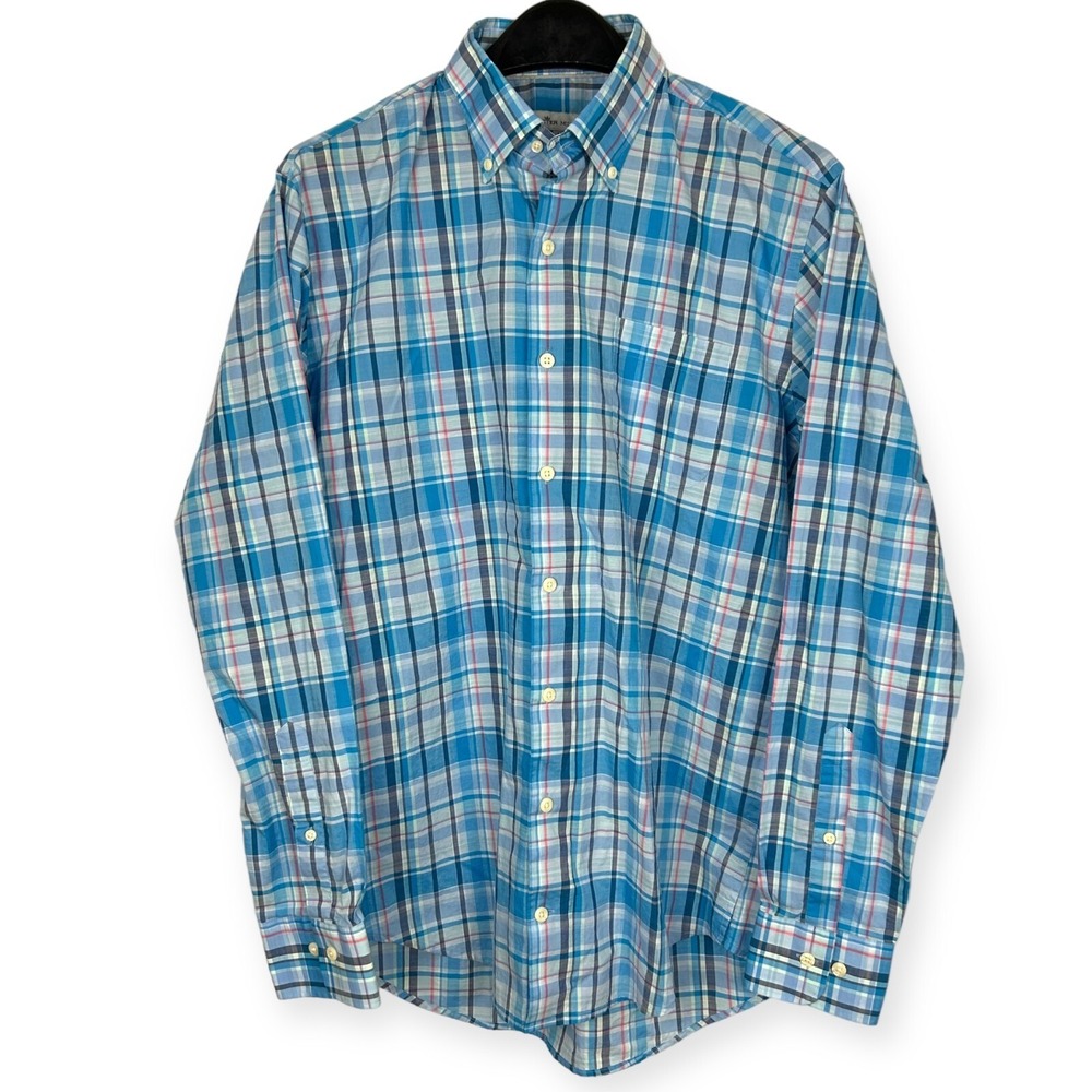 Peter Millar Mens Medium Blue Plaid Long Sleeve Button Down Stretch Cotton Shirt - Picture 3 of 5